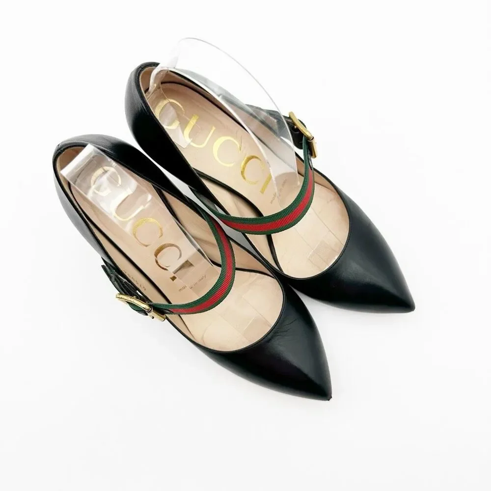 GUCCI Sylvie Black Leather Heels Size 37 US 7 Web Mary Jane Buckle Strap